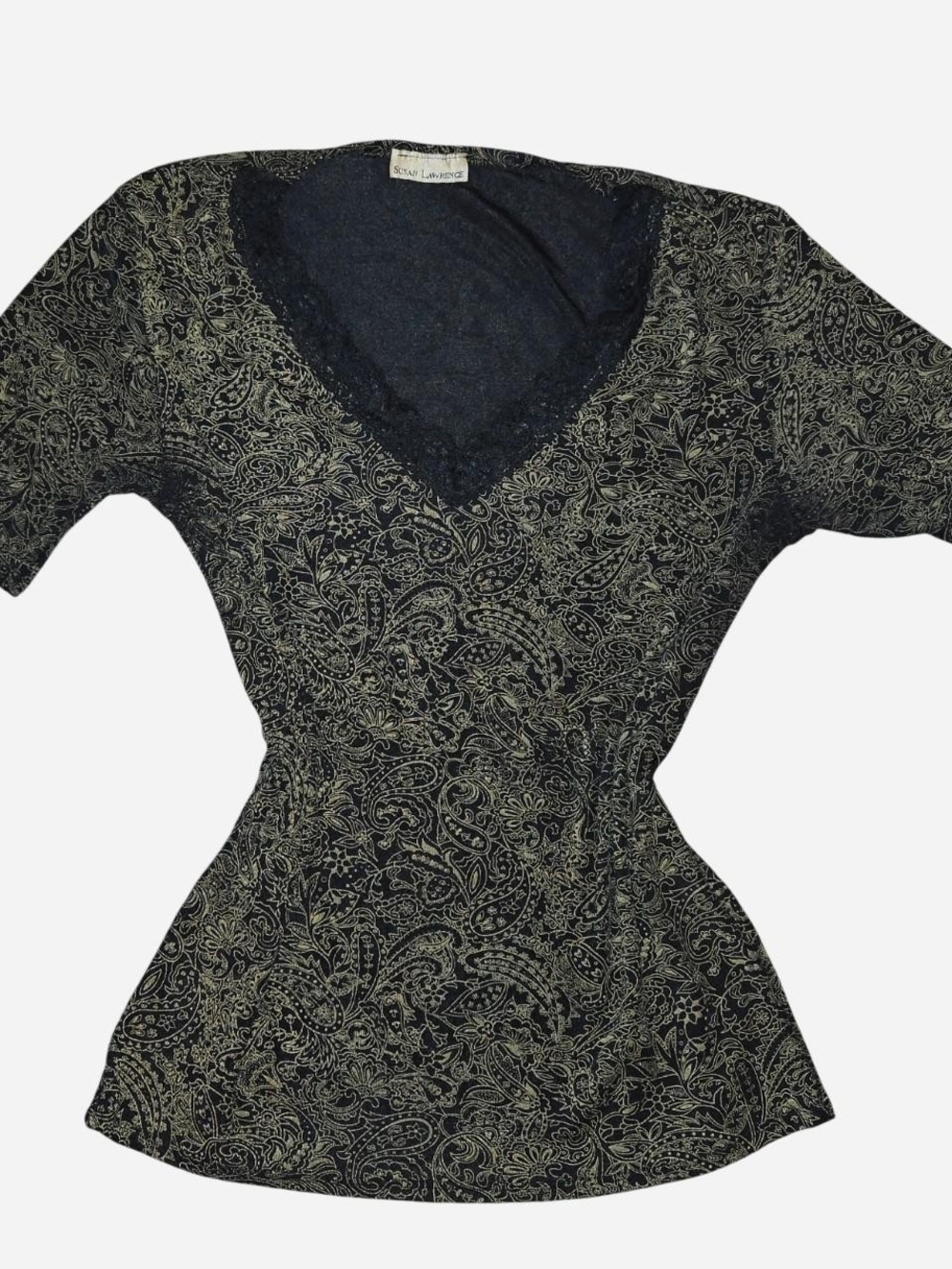 Susan Lawrence Paisley V-Neck Top in Black and Cream